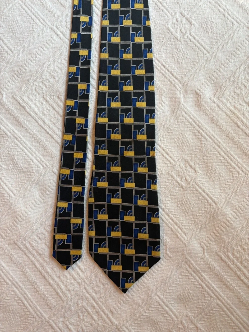 Vintage Z Inc Geometric Art Deco Silk Tie – Blue & Yellow Abstract Grid